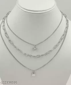 Multilayered Key Heart Locket Silver Plated Chain Choker Necklace Base Metal: Alloy Pendant